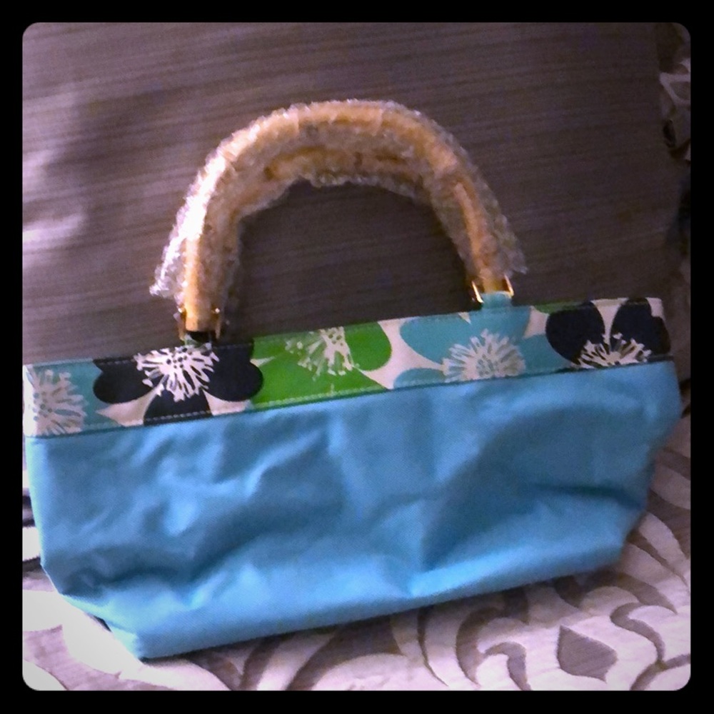 Blue Hawaiian purse with bamboo handles